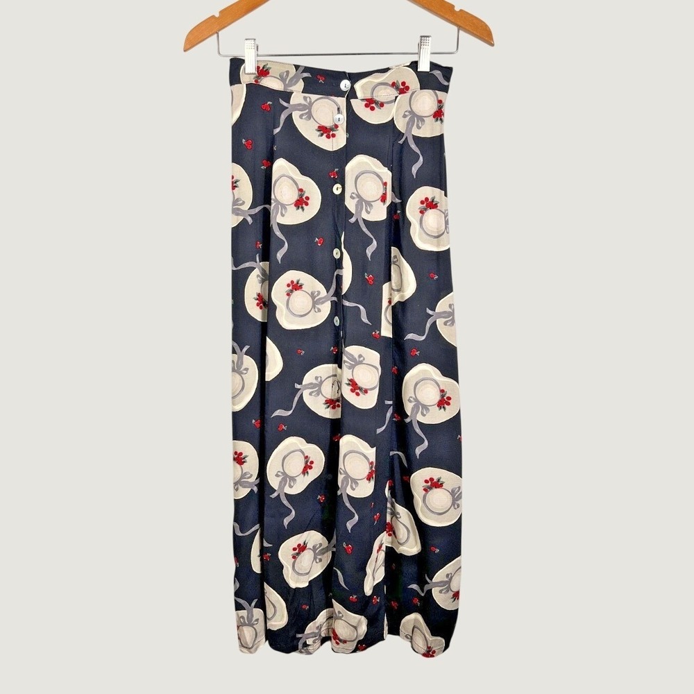 Clio Skirt Small Black Sun Hat Cherry Print Button Front Rayon Maxi Vintage 90s